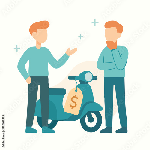 Flat Illustration Scooter Sale with Two Man Characters and Price Tag