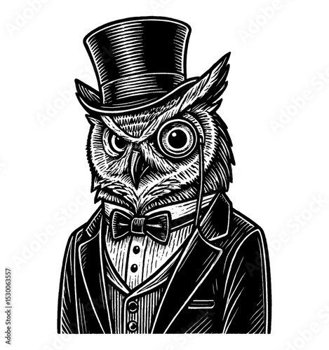 Engraved Owl Portrait Wearing a Top Hat, Bow Tie and Monocle in Formal Suit