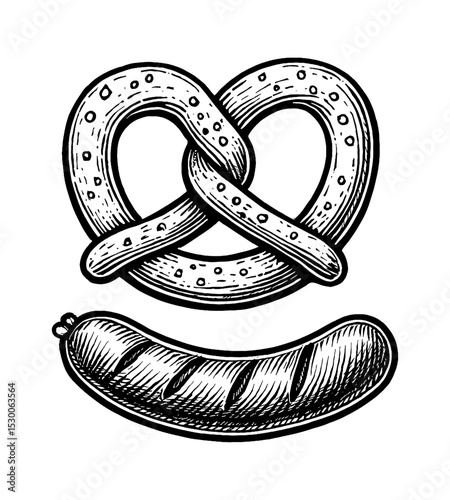 Engraving Style Illustration of a Pretzel and a Sausage Isolated on White