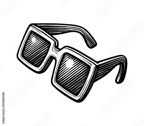 Black and white line art of 3D glasses with detailed shading and texture illustration