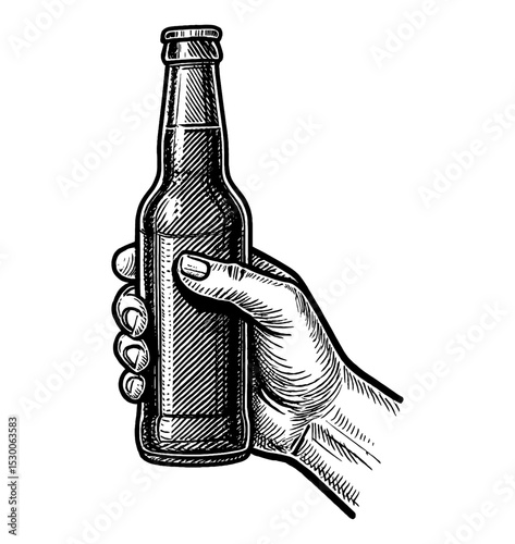 Hand Holding Beer Bottle in Detailed Black and White Engraving Style
