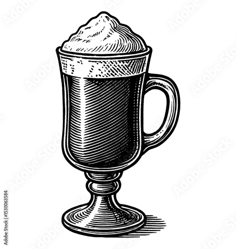 Engraved illustration of an Irish coffee with foam on a white background