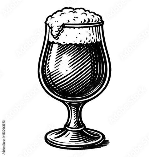 Illustration of a Glass of Beer with Foam in Detailed Black and White Engraving Style