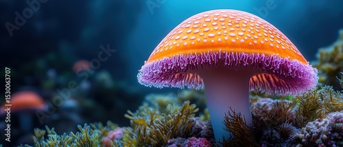 Vivid orange mushroom with a pink fringed cap, speckled surface, and white stem, nestled amongst vibrant underwater flora