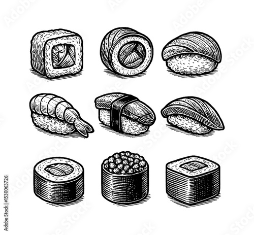 Sushi Set Illustration with Various Types of Sushi in Detailed Engraving Style