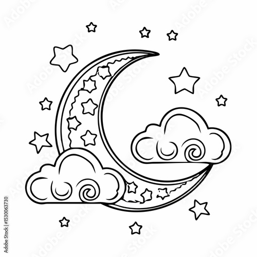 Vector line drawing of a Crescent moon with Clouds and Stars for baby shower invitations or childish greeting cards.