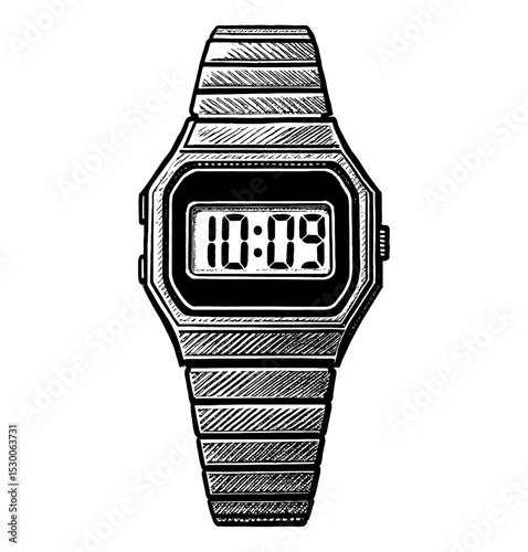 Illustration of a vintage digital watch showing the time ten past ten