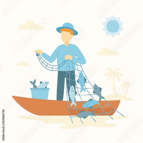 Flat Style Fisherman Catching Fish in a Boat with Net Illustration