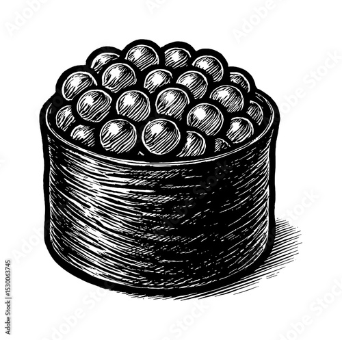 Engraved Illustration of Sushi with Caviar Topping in Black and White Detail