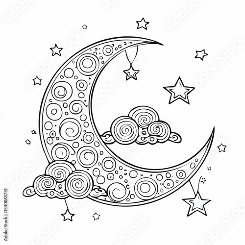 Vector line drawing of a Crescent moon with Clouds and Stars for baby shower invitations or childish greeting cards.