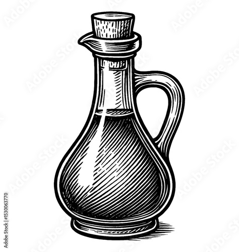 Engraved illustration of a vintage oil bottle with cork on white background