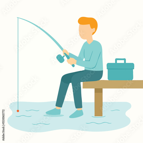 Flat Design Man Fishing with Rod on Pier Illustration Asset
