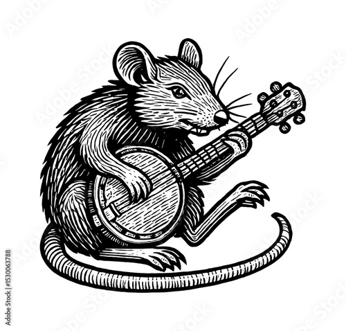 Illustration of a Rat Playing Banjo, Engraving Style, Black and White Color Palette