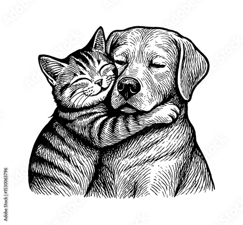 Cat Hugging Dog Lovingly with Closed Eyes Black and White Line Art Drawing