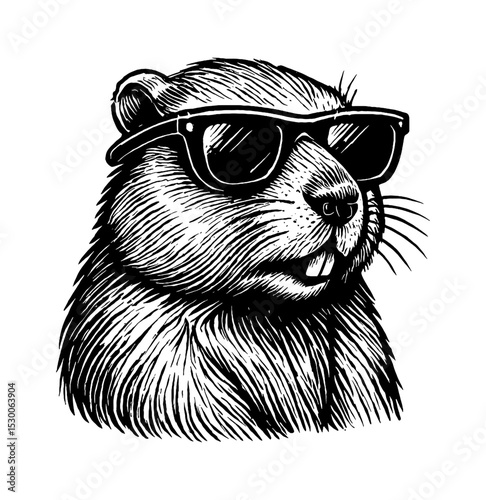 Cool Groundhog Wearing Sunglasses in Engraving Style Black and White Illustration Portrait