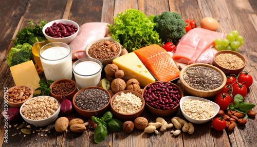 Vibrant array of nutrient rich foods including lean meats, leafy greens, legumes, dairy products, and various nuts showcases healthy lifestyle. This colorful display emphasizes importance