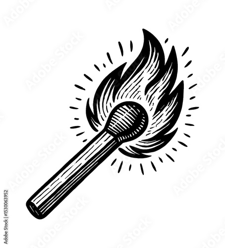 Burning Matchstick in Detailed Black and White Engraving Style Illustration on White Background
