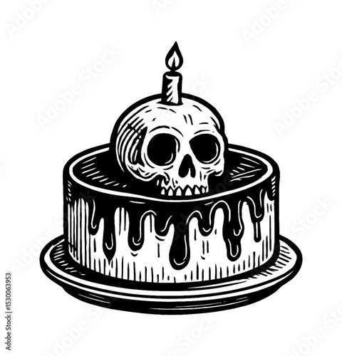 Skull candle cake dripping black icing in detailed black and white outline line art drawing