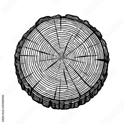 Wood Log Cross Section with Annual Rings Black and White Detailed Engraving Style