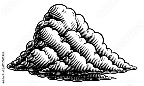 Detailed Engraved Illustration of Cumulus Clouds Stacked Together in Black and White