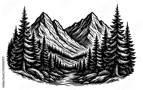 Mountain Landscape with Pine Trees and River Engraved Black and White Detailed Illustration