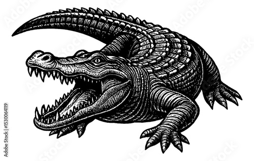 Engraved Crocodile with Open Mouth Illustration in Black and White Detailed Drawing