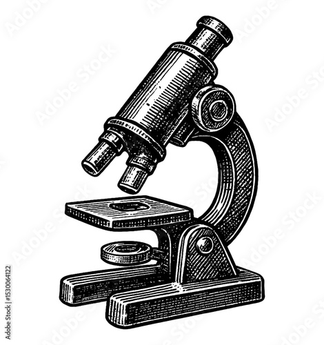Detailed Illustration of a Black and White Microscope for Scientific Research