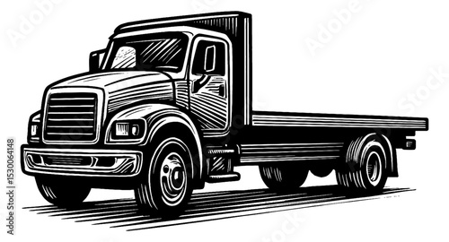 Illustration of a Flatbed Truck in Black and White Outline Line Art Drawing