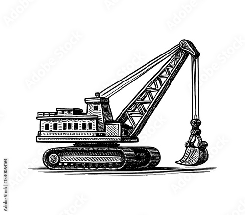 Illustration of a Heavy Construction Crane with Shovel in Black and White Style