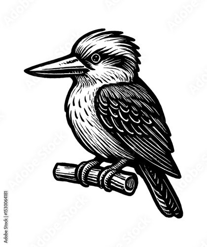 Detailed Black and White Engraved Illustration of a Kookaburra Bird Perched on a Branch