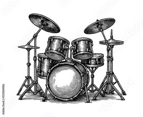 Detailed Drum Set Illustration with Cymbal, Snare, Tom Toms in Black and White Engraved Style