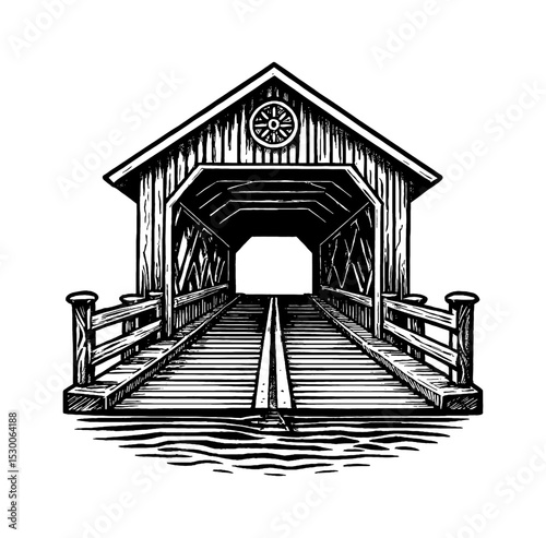 Black and White Engraved Illustration of a Covered Bridge with Water and Details