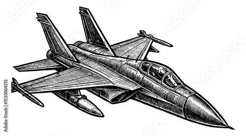 Detailed Engraved Illustration of a Military Fighter Jet in Black and White