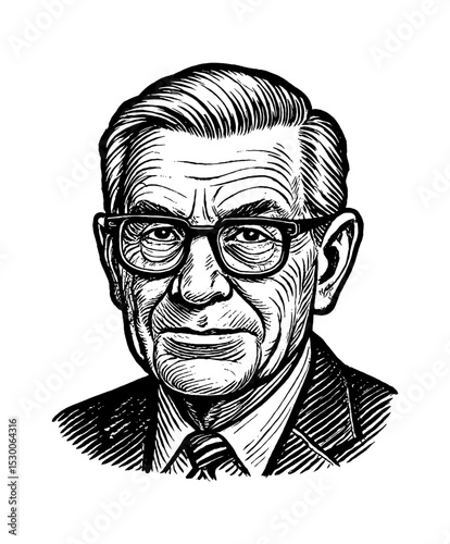 Portrait of a Caucasian Man with Glasses in Black and White Engraving Style