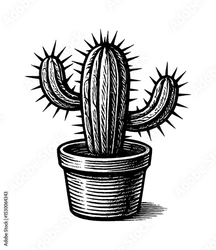 Engraved Illustration of Cactus in Pot with Spikes Black and White