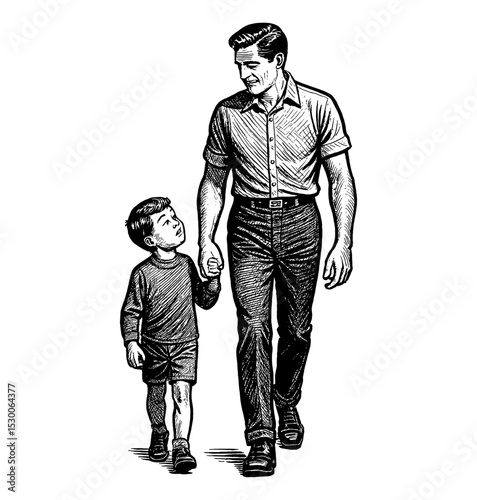 Man and Boy Walking Hand in Hand Looking at Each Other in Black and White Engraved Art