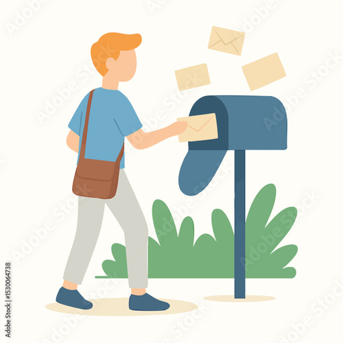 Flat Illustration Man Putting Letters in Mailbox Postal Service