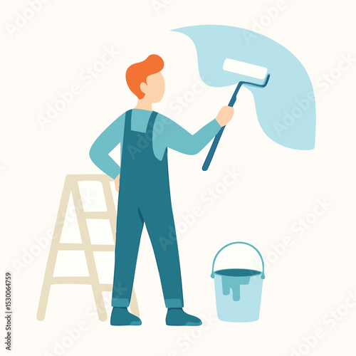 Flat Style Detailed Painter Painting Wall with Roller Brush Illustration