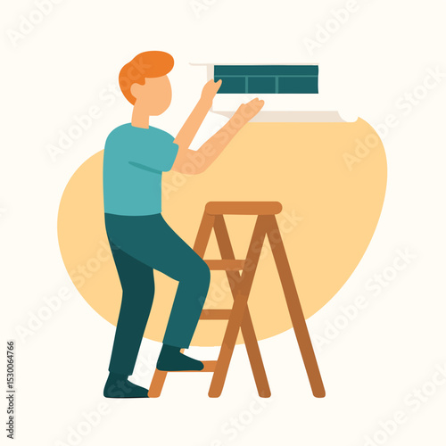 Flat Design Repairman Fixing Air Conditioner on Ladder Illustration