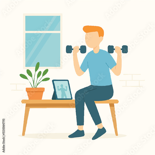 Flat Illustration Man Doing Dumbbell Exercise at Home Activity
