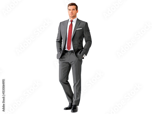 Sophisticated Business Attire: A polished professional exudes confidence, impeccably dressed in a tailored gray suit, complete with a vibrant red tie, epitomizing success and elegance. 