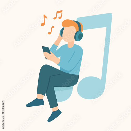 Flat Illustration Young Man Listening Music with Headphone on Note