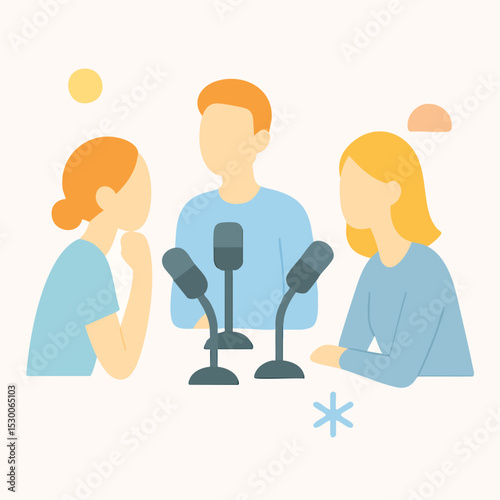 Flat Style Illustration People Talking on Podcast With Microphone on Table