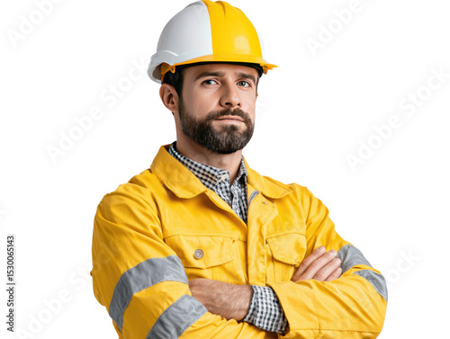 Construction Worker Confident Portrait: A focused construction worker, sporting a safety helmet and work attire, embodies professionalism and expertise.