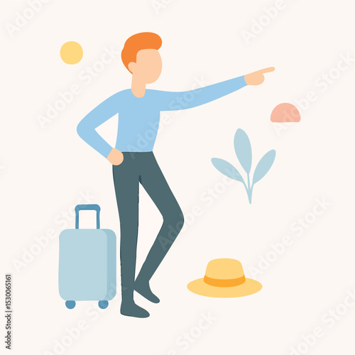 Flat Style Man Traveling with Luggage and Hat Illustration Asset