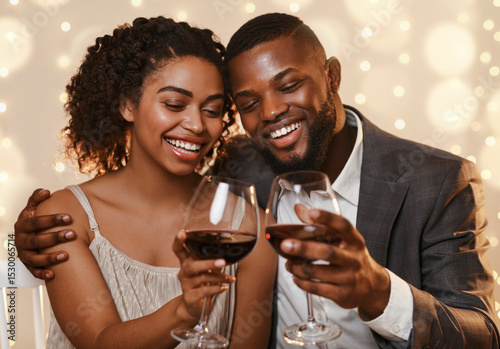 Portrait of happy african couple celebrating St. Valentine's Day at restaurant, drinking red wine and embracing, close up