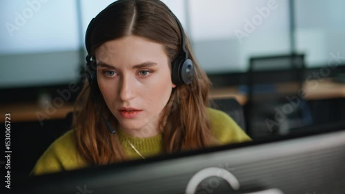 Telemarketing manager consulting call center closeup. Woman talking headset