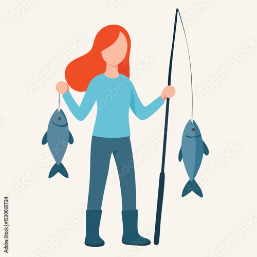 Flat Illustration of Woman Holding Fishing Rod with Fish Capture Activity