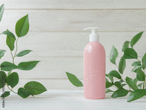 Pink lotion bottle with pump surrounded by green leaves on wood