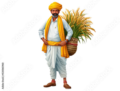 Rural Dignity: A portrait of a farmer in traditional attire, embodies the resilience and hard work of rural life. He holds a basket of ripe grain.